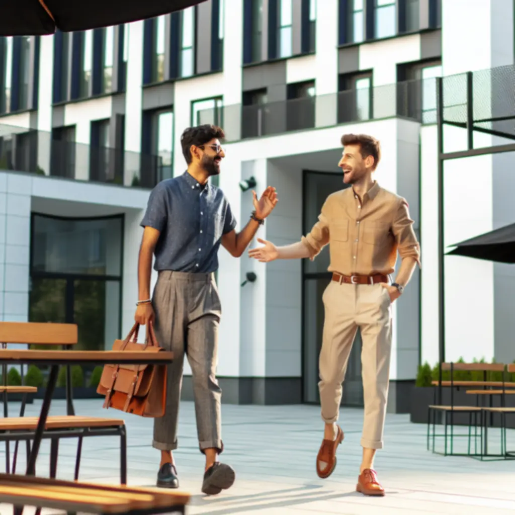 Męska stylizacja casual sfotografowana w nowoczesnym, miejskim otoczeniu