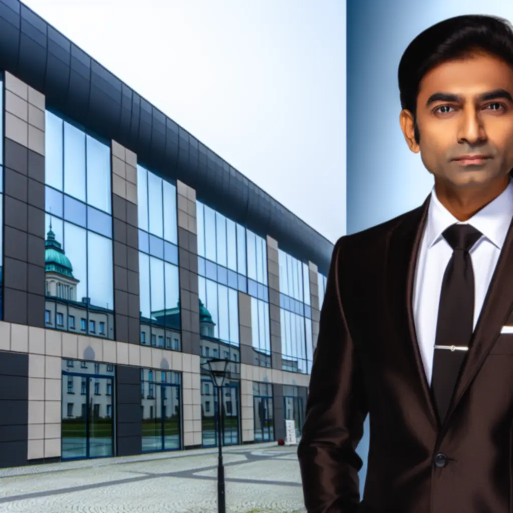 Mężczyzna w eleganckim garniturze na tle miejskiej architektury