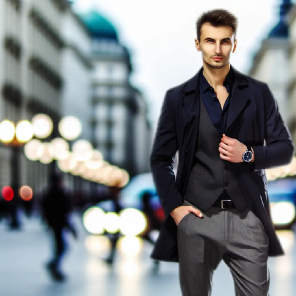 Mężczyzna w eleganckiej stylizacji miejskiej z kolekcji UrbanStyleMotion