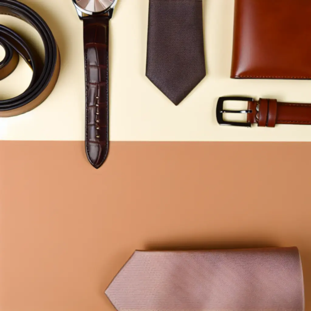 Płaskie ujęcie męskich akcesoriów: pasek, zegarek i torba